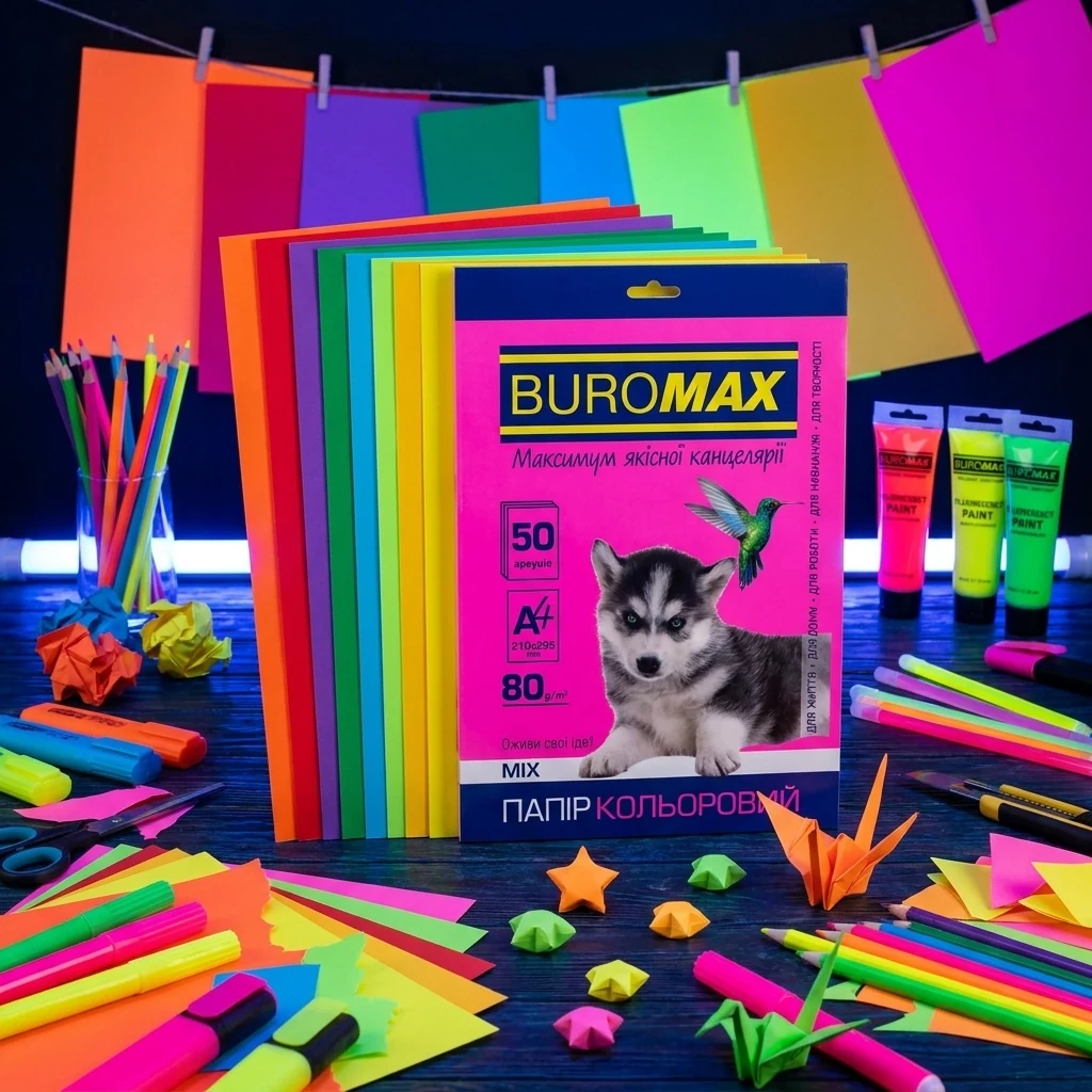 Папір кольоровий щільністю 80г/м2, набір 50 листів,10 кольорів, NEON+INTENSIV
