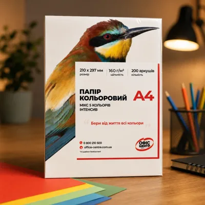 Папір кольоровий Офіс Центр A4 160г/м 100арк. мікс 5 кольорів Веселка Інтенсив