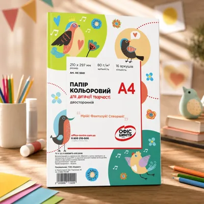 Папір кольоровий Офіс Центр А4 для дитячої творчості двосторонній 16 аркушів