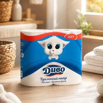Папір туалетний целюлозний на гільзі білий 2-х шаровий Soft Диво 4 рул