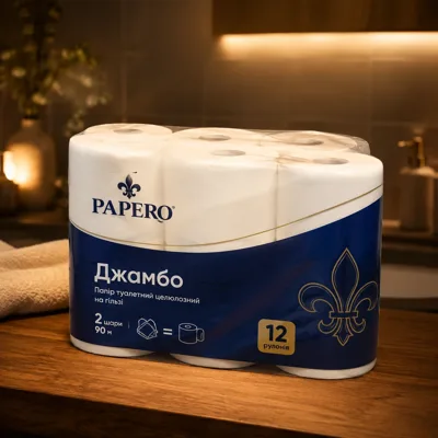 Папір туалетний целюлозний Papero Джамбо 90м на гільзі 2-х шаровий білий 12шт TJ033