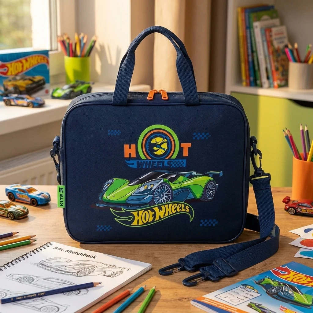 Папка-портфель шкільна А4, текстильна на блискавці "Hot Wheels" Kite