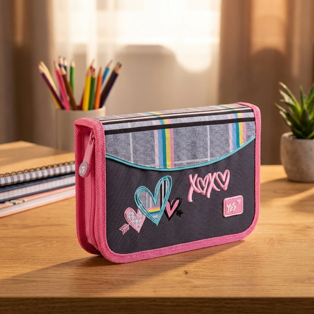 Пенал твердий YES одинарний з клапаном HP-03  Love, сірий
