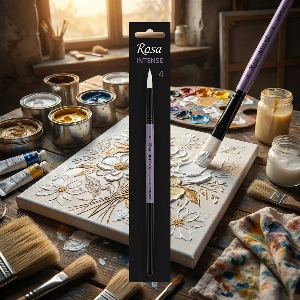 Пензель синтетика кругла Intense 1668SR, № 04, жорстка, загострена, довга ручка, для олії та акрилу, Rosa