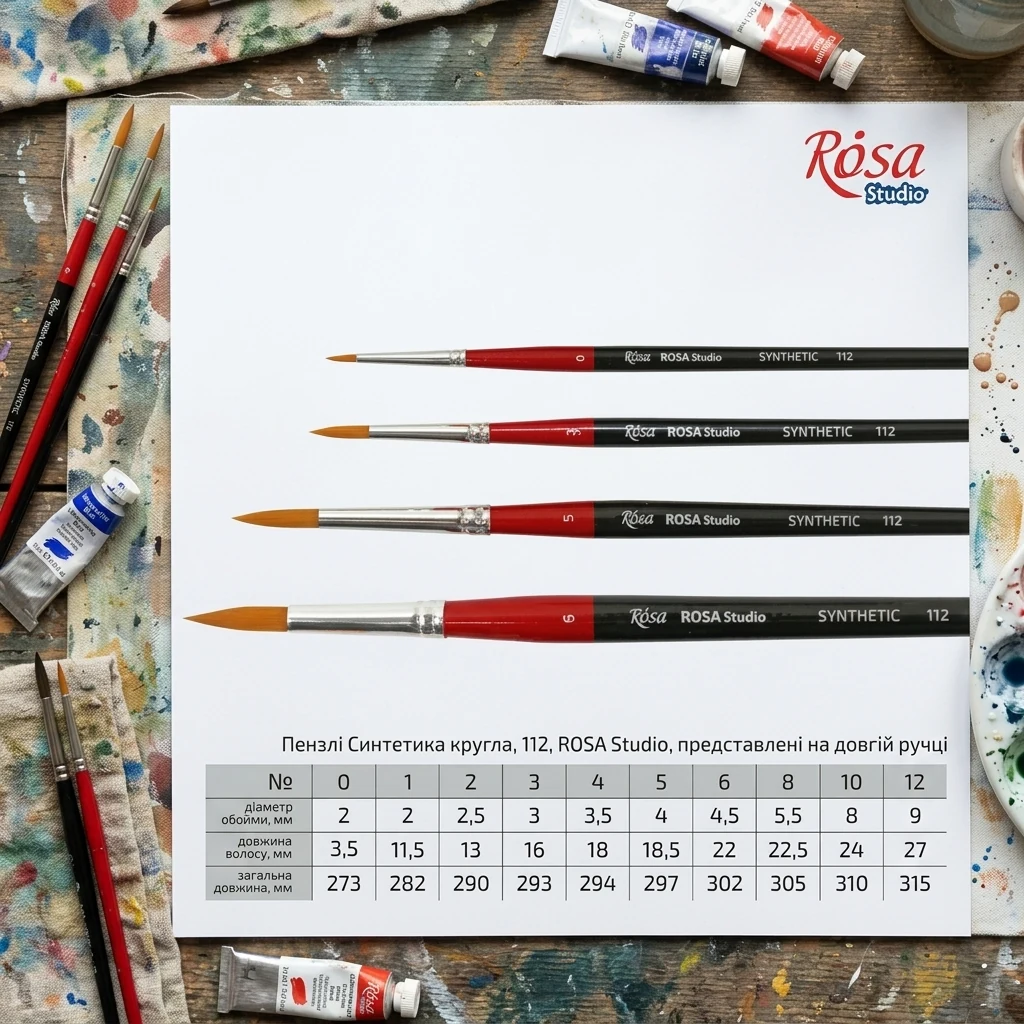 Пензель Синтетика круглий, 112, № 0, довга ручка, Rosa Studio