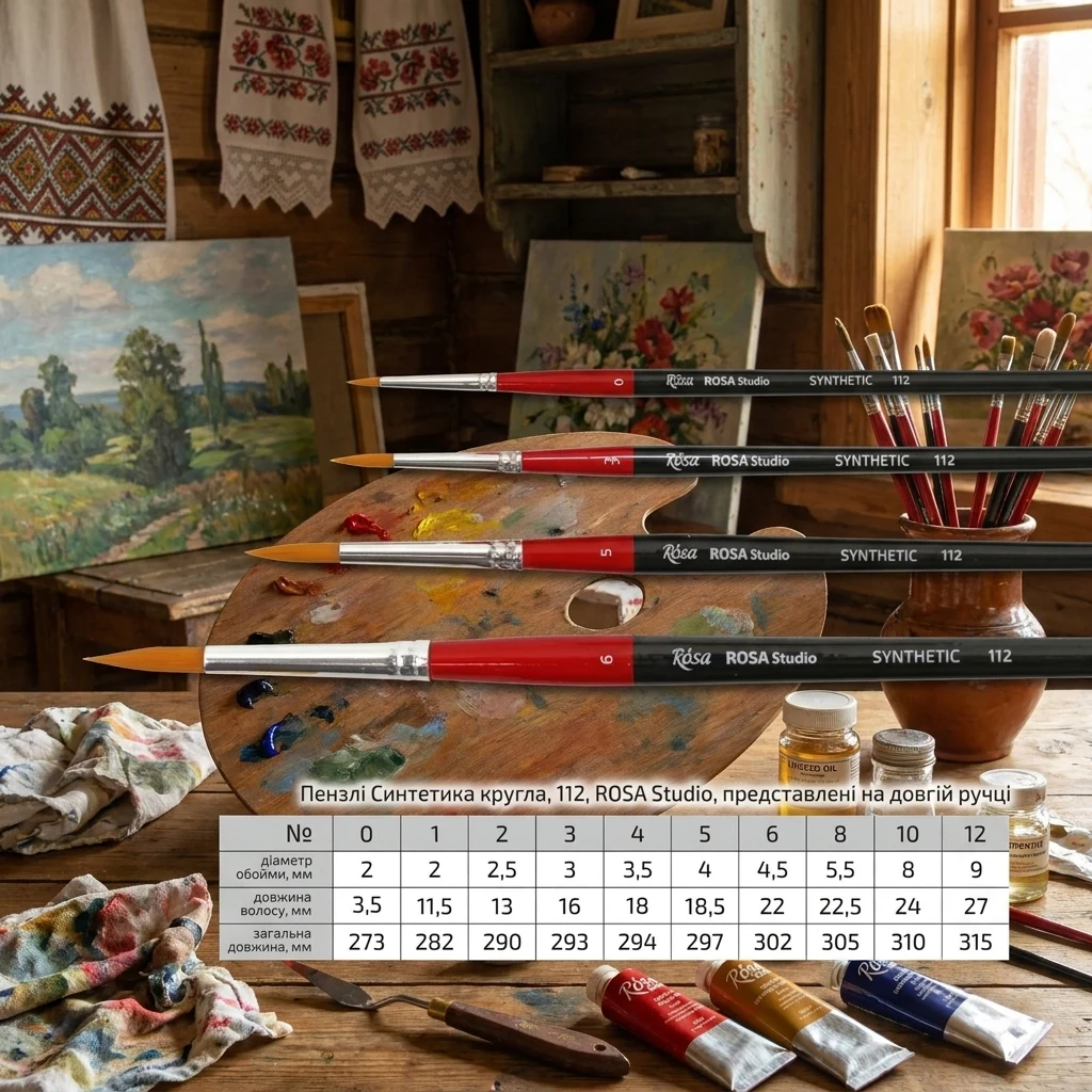 Пензель Синтетика круглий, 112, № 3, довга ручка, Rosa Studio