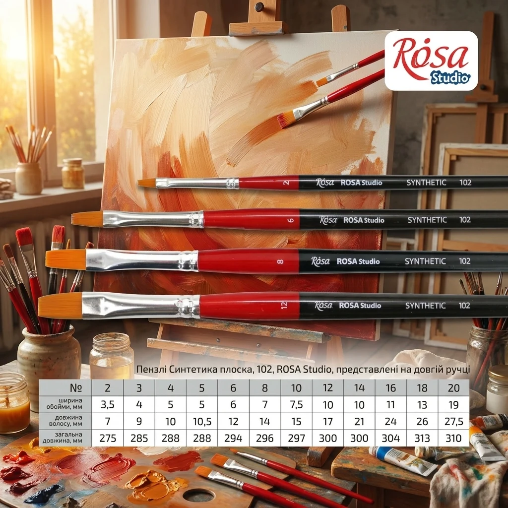 Пензель Синтетика плоска, 102, № 5, довга ручка, Rosa Studio