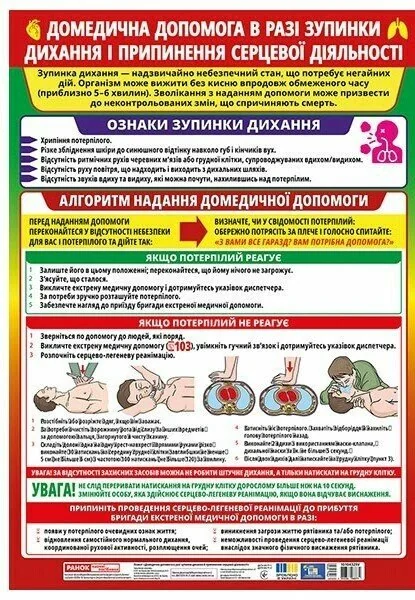 Плакат. Домедична допомога в разі зупинки дихання і припинення серцевої діяльності. 100*70 мм. Ранок