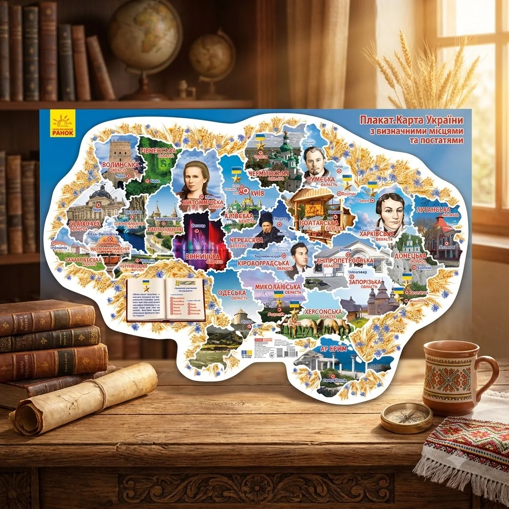 Плакат. Карта України з визначними місцями та постатями. 67х47 см