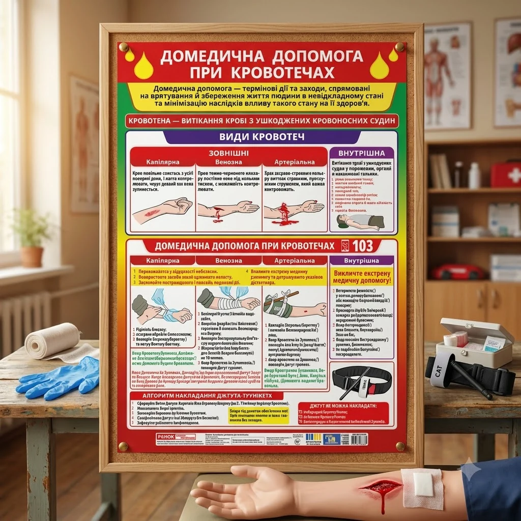 Плакат. Перша медична допомога при кровотечах. 100*70 мм
