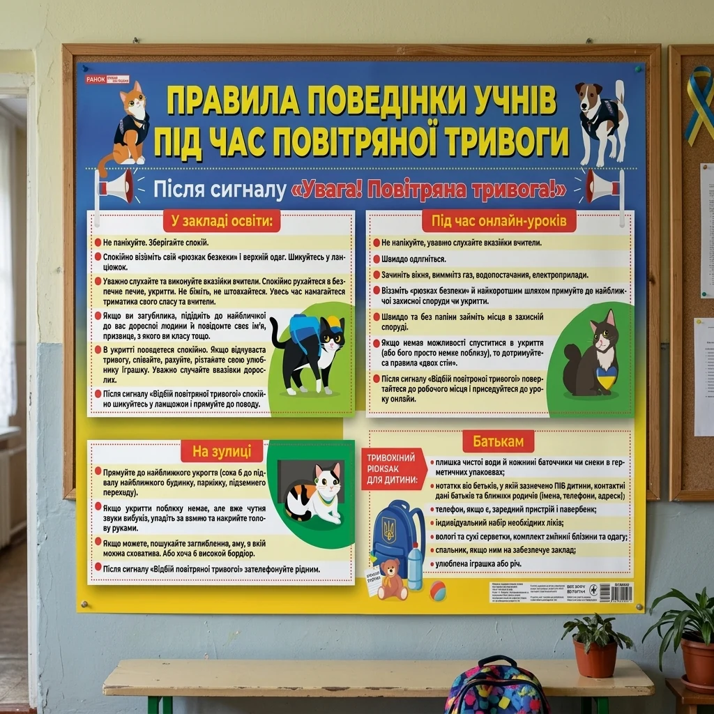 Плакат. Правила поведінки учнів під час повітряної тривоги. 100х70 см