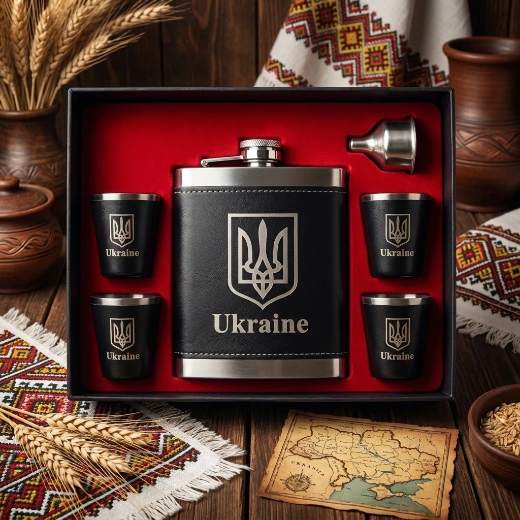 Подарунковий набір: фляга 540 мл з нержавіючої сталі у шкірі «Герб України», лійка, 4 чарки.