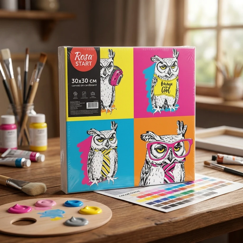 Полотно на картоні з контуром, 30*30см, "Pop Art Owl", акрил, бавовна, Rosa Start