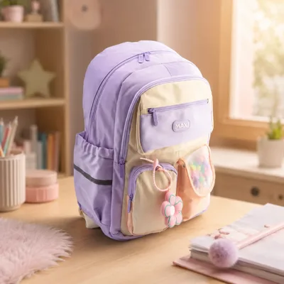 Рюкзак Maxi 18 брелок у формі м`якої іграшки-квітки + подвійна кишеня з помпонами 90187-purple