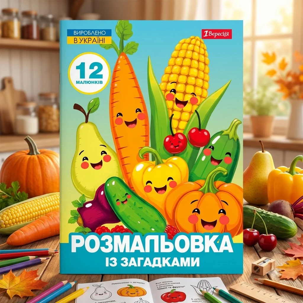 Розмальовка А4 12 сторінок з загадками "Овочі та фрукти" 1 Вересня