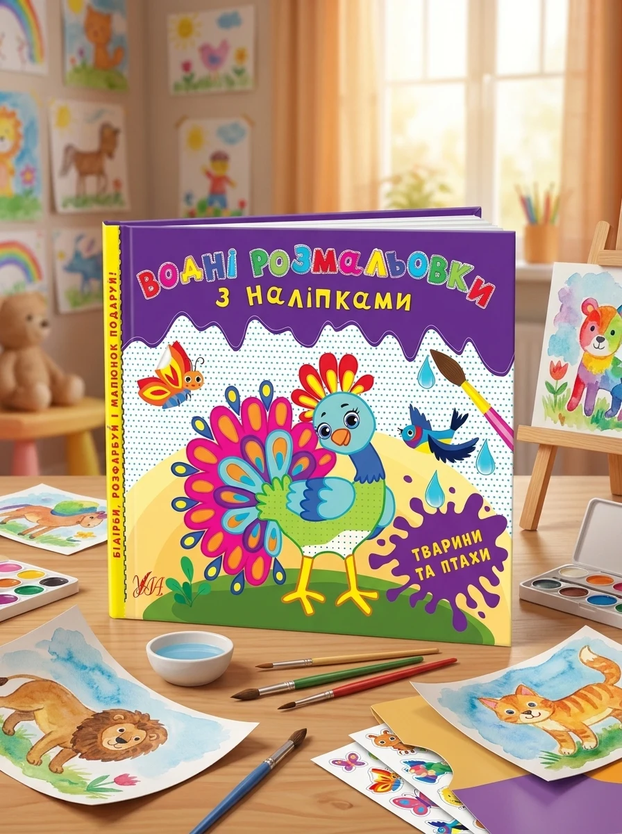Розмальовки водні з наліпками.Тварини та птахи