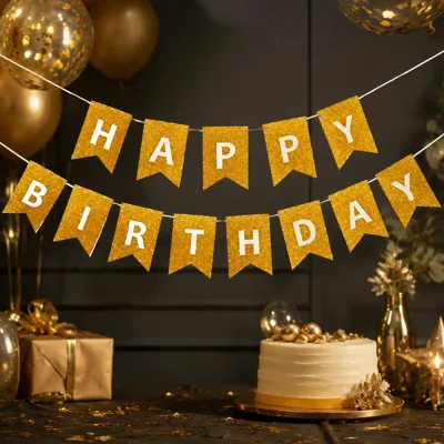 Розтяжка з прапорців Happy birthday 12х16см-5м золото а 13022-1