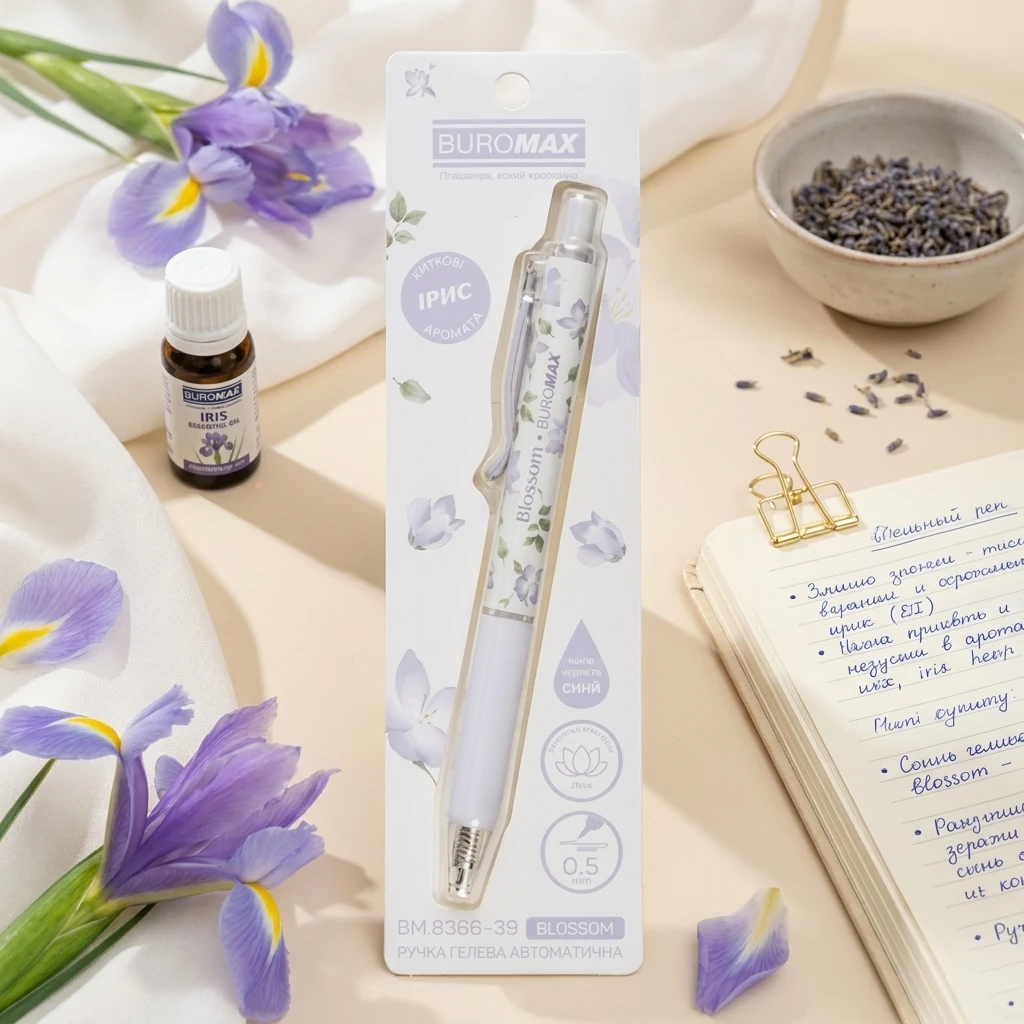 Ручка гелева автоматична Buromax Blossom 0,5 мм Ірис синя BM.8368-39