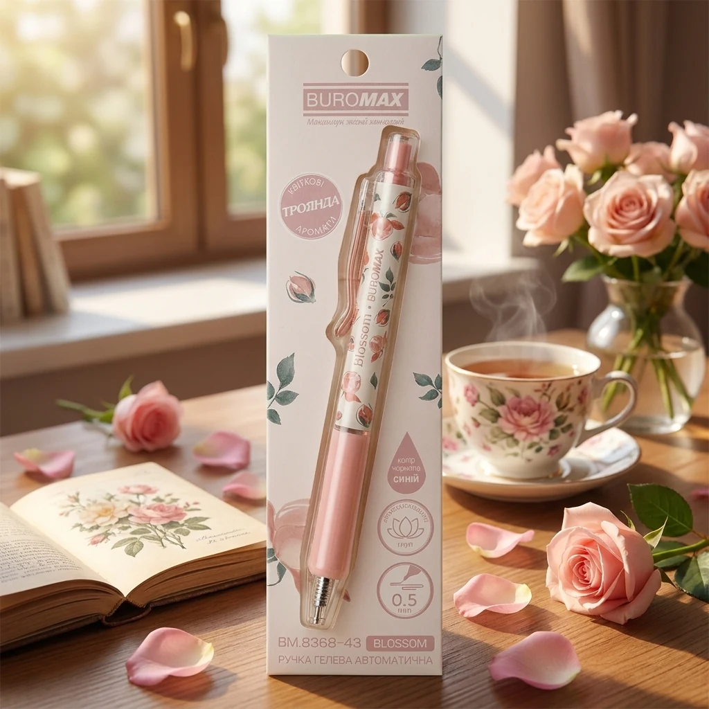 Ручка гелева автоматична Buromax Blossom 0,5 мм Троянда синя BM.8368-43