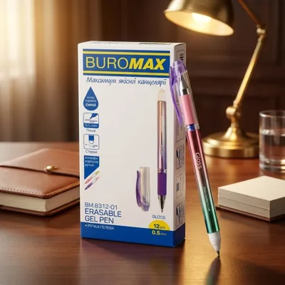 Ручка гелева пиши-стирай Buromax Gloss 0,5мм перлинний с резиновим грипом синій BM.8312-01