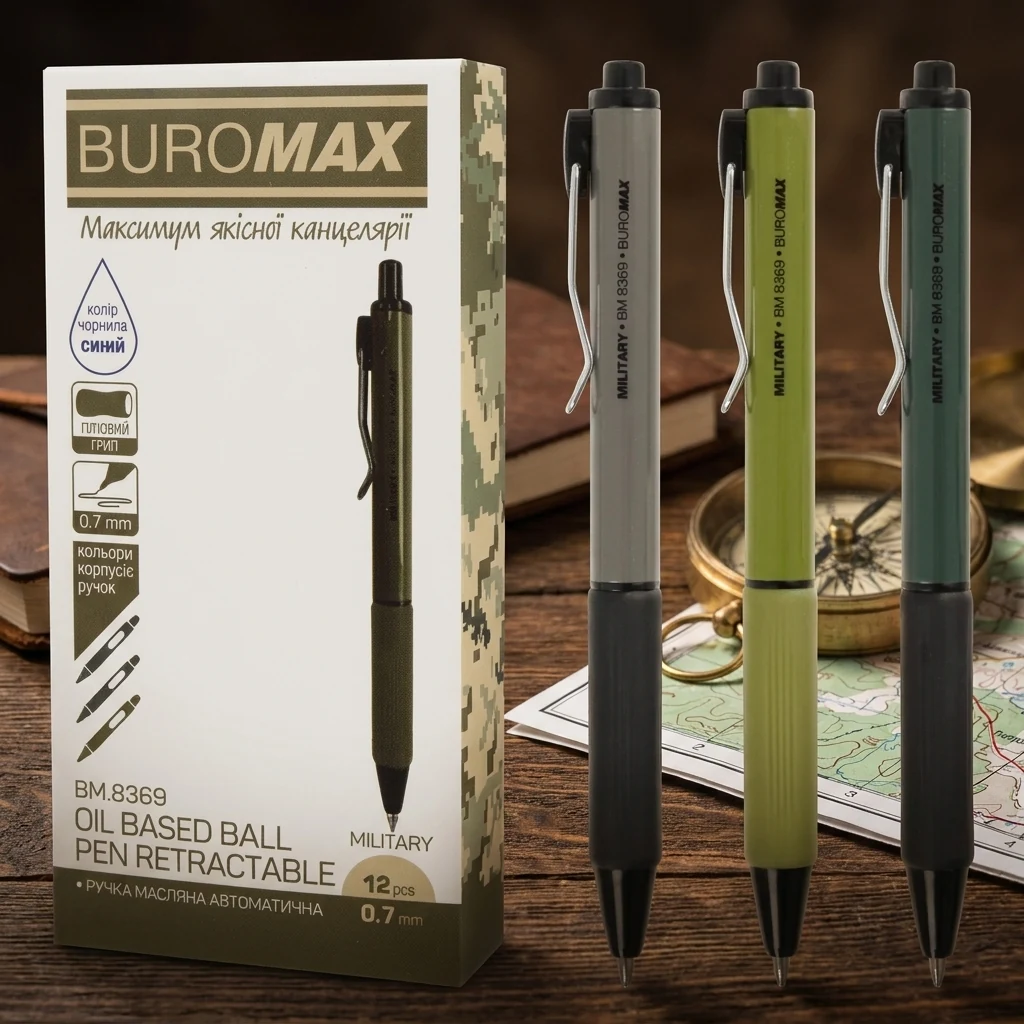 Ручка масляна автоматична Buromax Military 0,7 мм синя — Ручки та олівці