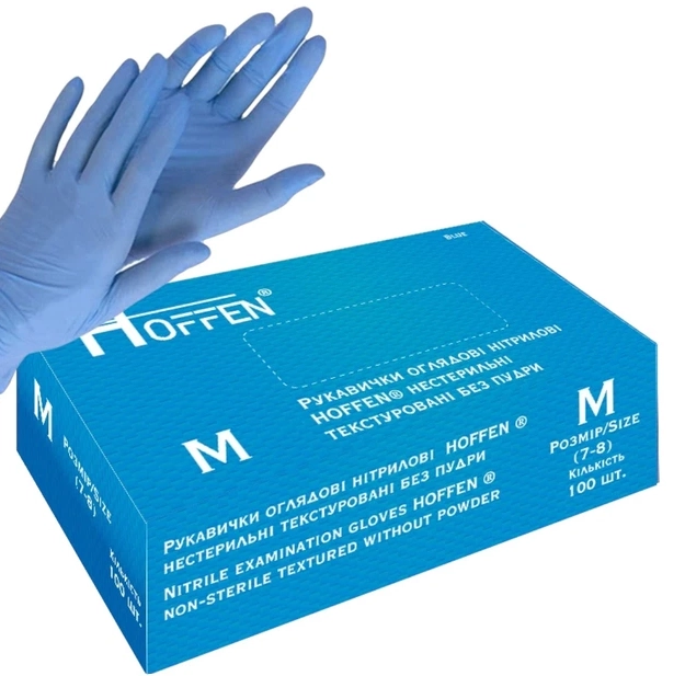 Рукавички оглядові нітрилові Hoffen неприпудрені блакитні M 50 пар — фото 2