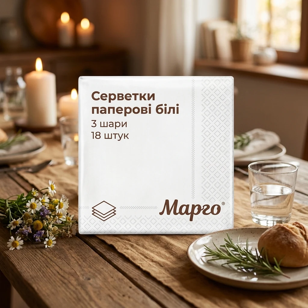Серветки паперові білі 33*33 см, 3 шари (18 штук) Марго