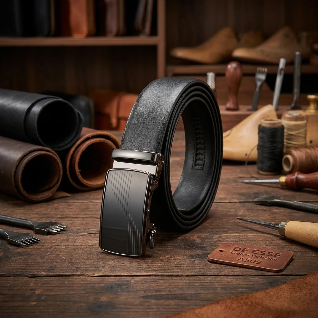 Шкіряний ремень ширина 3,3 см довжина 120 см чорний пряжка автомат DE ESSE Leather Collection