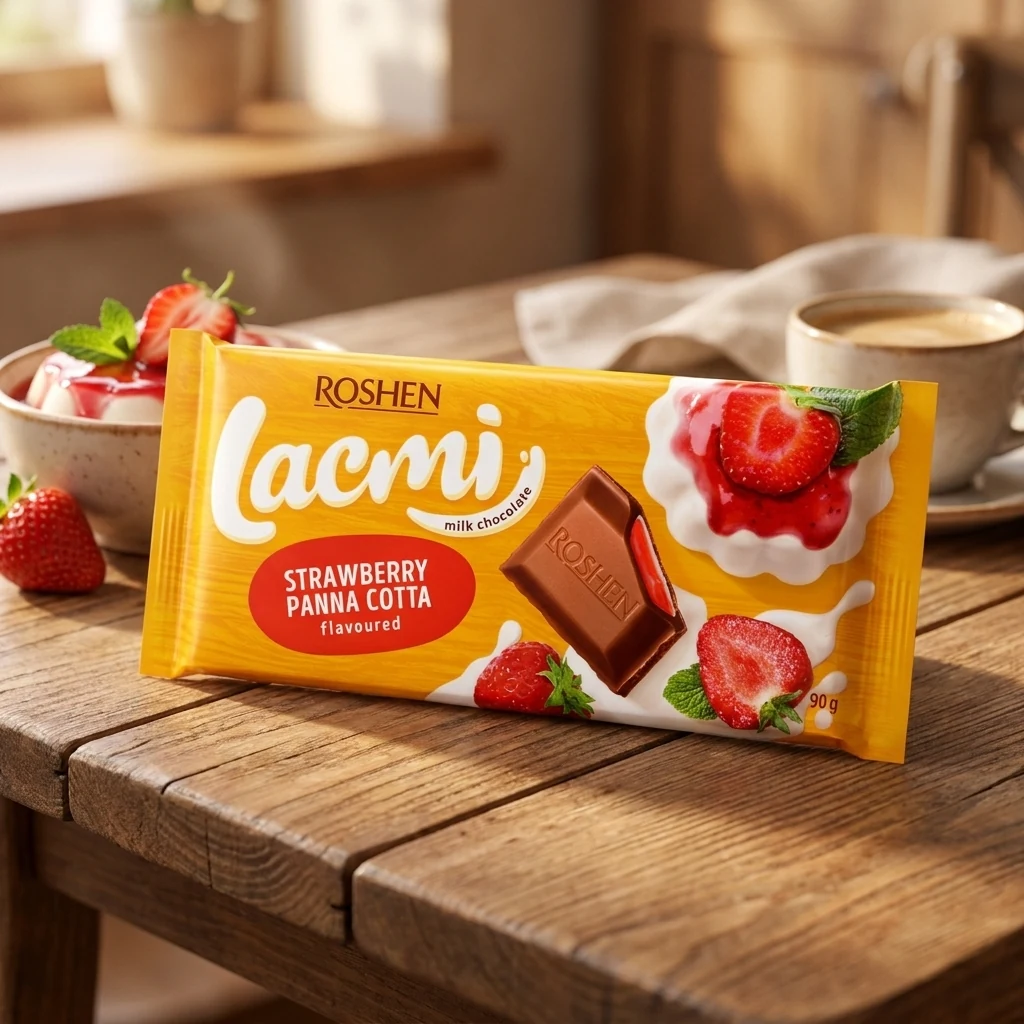 ШОКОЛАД Lacmi молочний з начинкою зі смаком Полунична панакота 90г — Продукти та напої