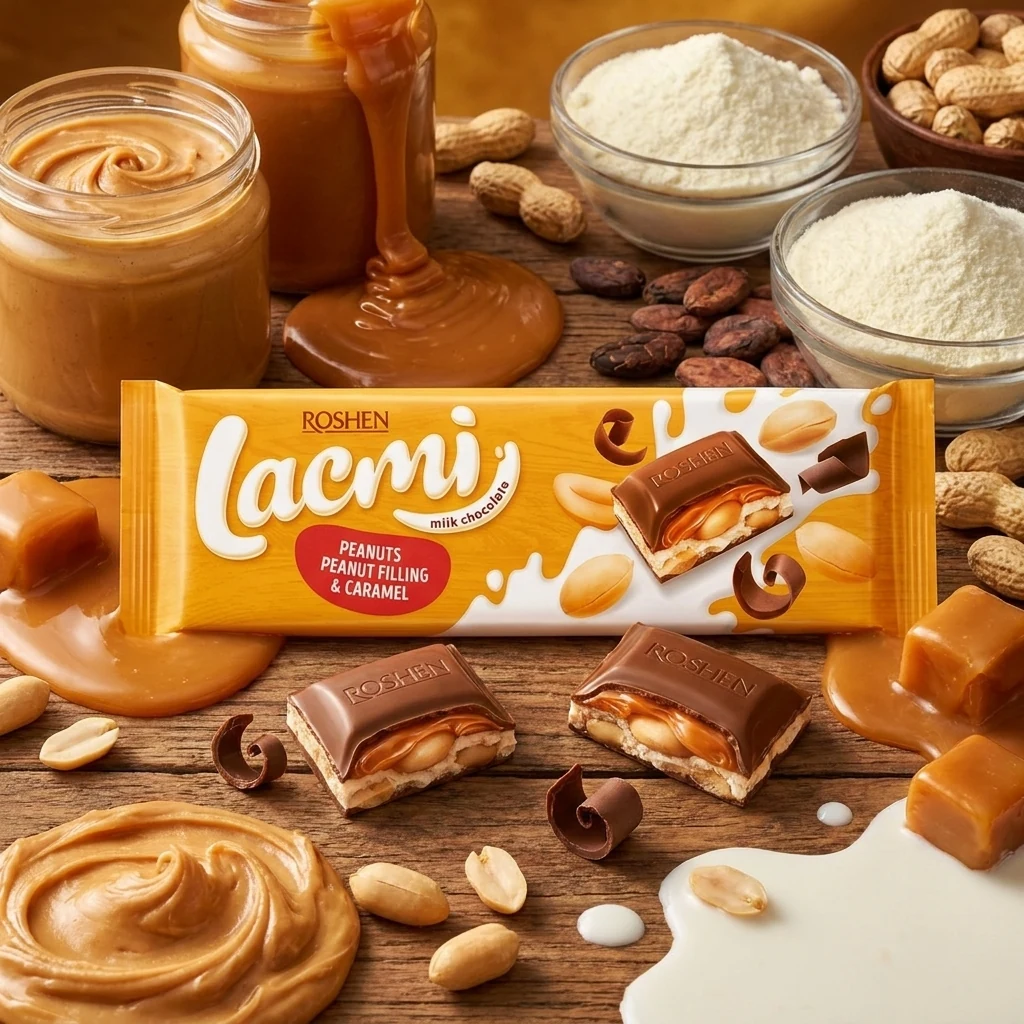 Шоколад молочний Roshen Lacmi молочний з арахісом і карамельно-арахісовою начинкою 87г