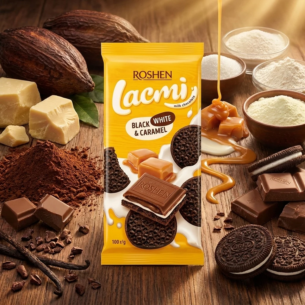 Шоколад молочний з карамеллю та печивом з какао Lacmi Roshen 85г ХМ-РШ-03795