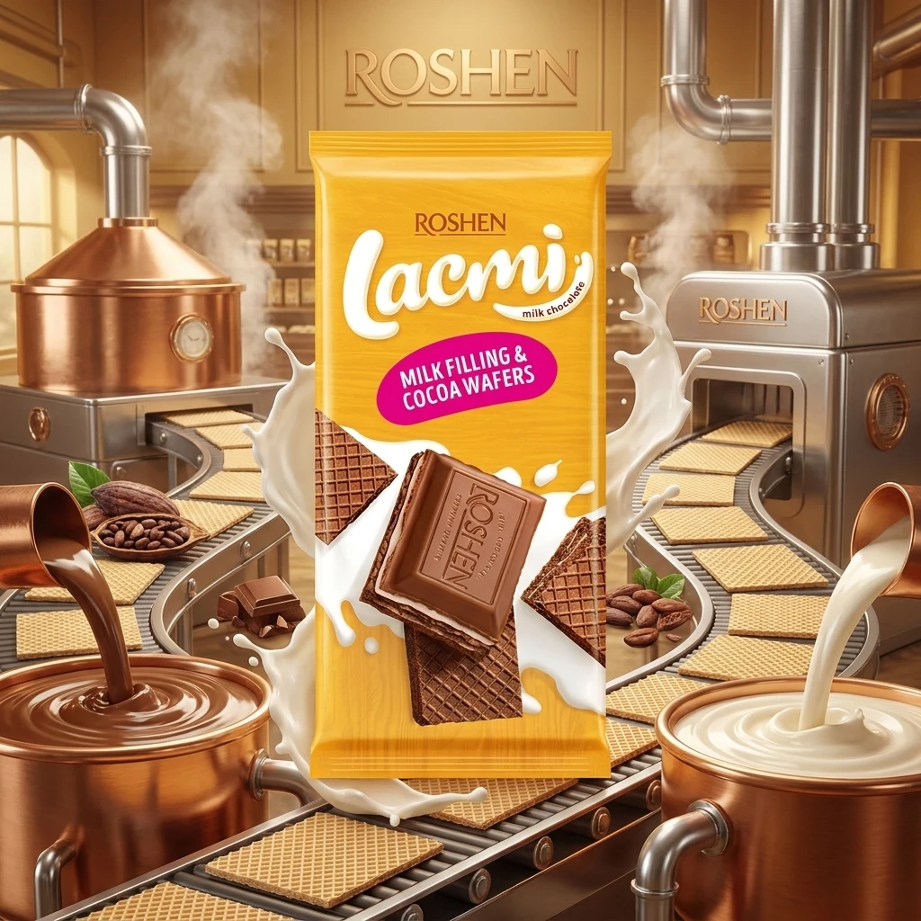 Шоколад з молочною начинкою та вафлею Lacmi Roshen 90г ХМ-РШ-03793