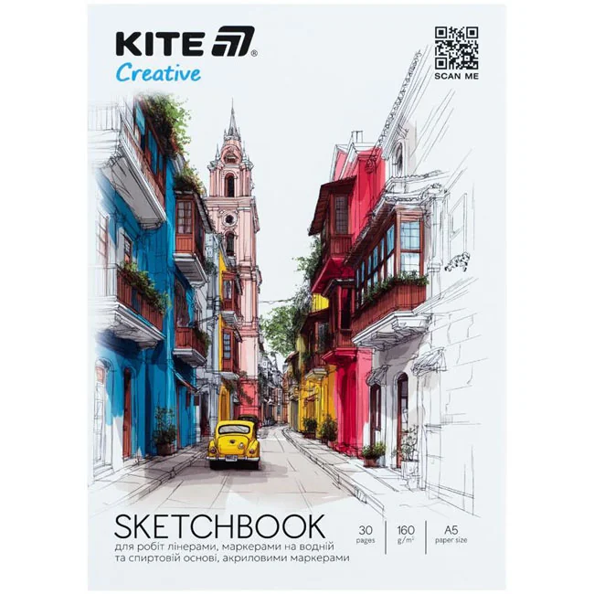 Скетчбук на склейці А5 30 аркушів 160г/м2 для маркерів Kite Creative