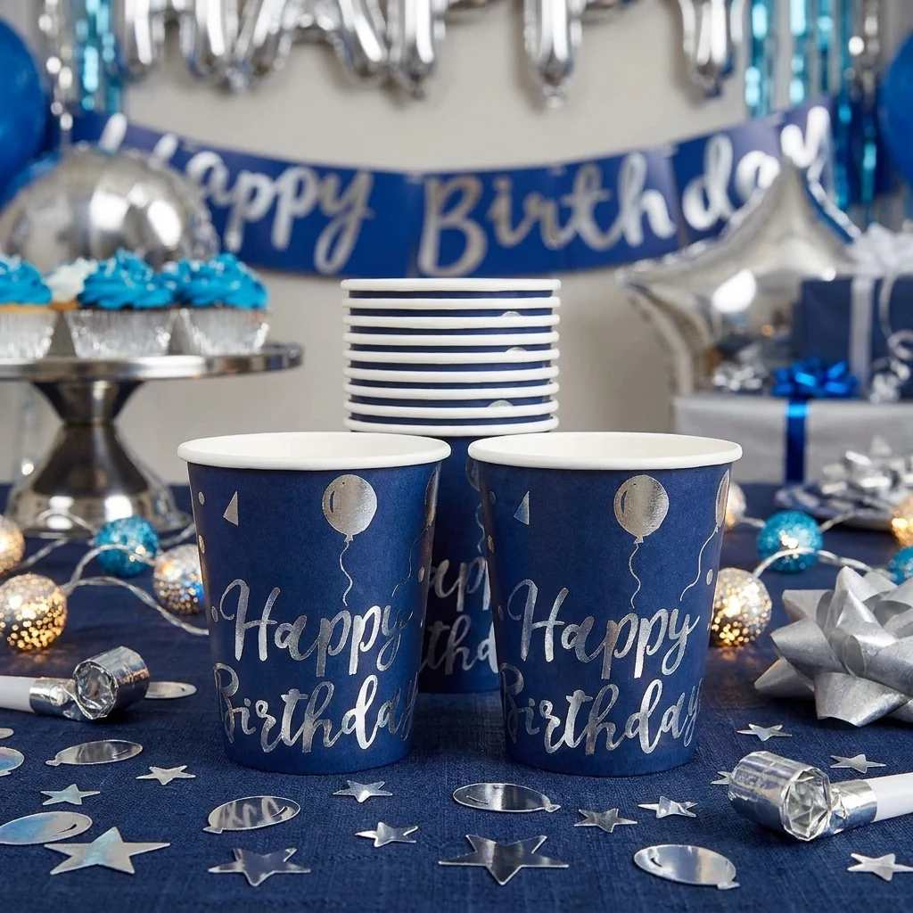 Стакан паперова "Happy birthday синій срібло"