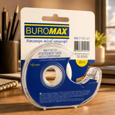 Стрічка клейка Buromax канцелярська 18мм*20м в диспенсері 7161-01 18х20, прозор.в диспенсері