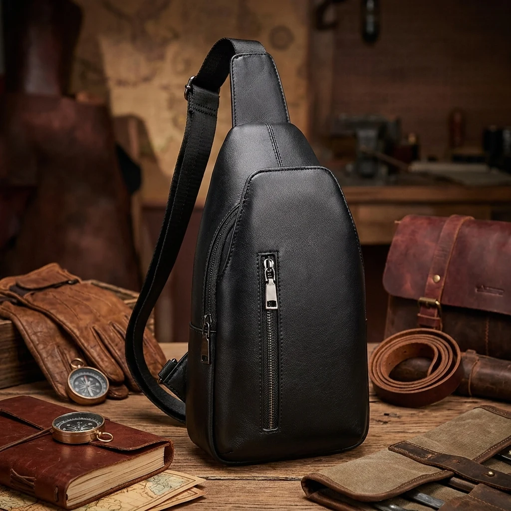 Сумка-слінг чоловіча 16*33*5,5см натуральна чорна шкіра Tiding Bag