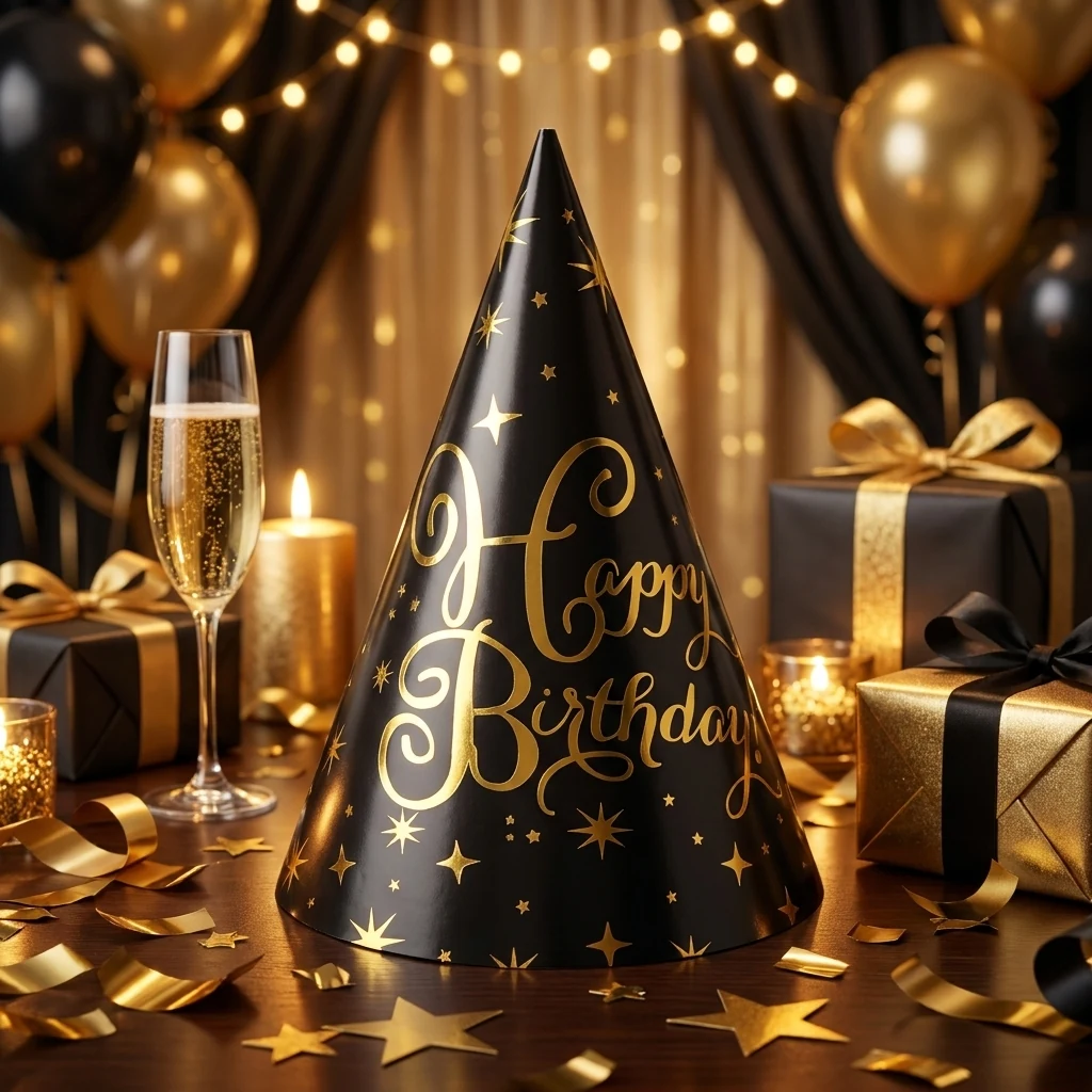 Свято. Ковпачок бум. 15см "Happy birthday!" чорно/золотий