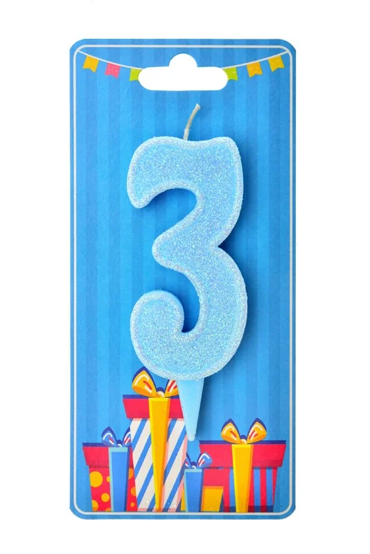 Свічка для торта Номер "3", 7,5 см (без ніжки), блакитна, Україна