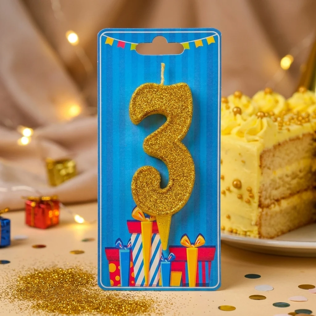 Свічка для торта Номер "3", 7,5 см (без ніжки), золото, Україна
