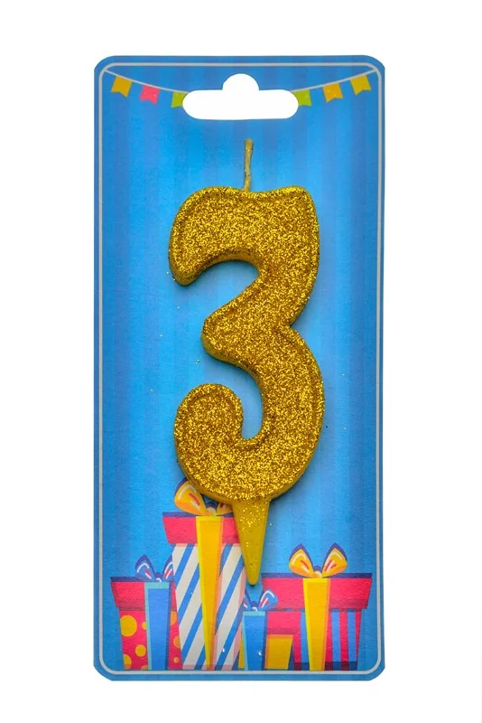 Свічка для торта Номер "3", 7,5 см (без ніжки), золото, Україна