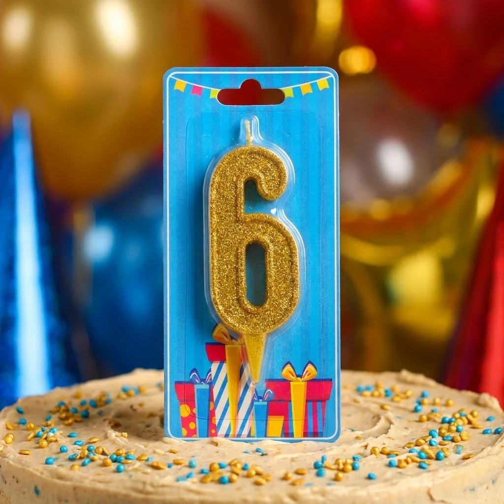 Свічка для торта Номер "6", 7,5 см (без ніжки), золото, Україна