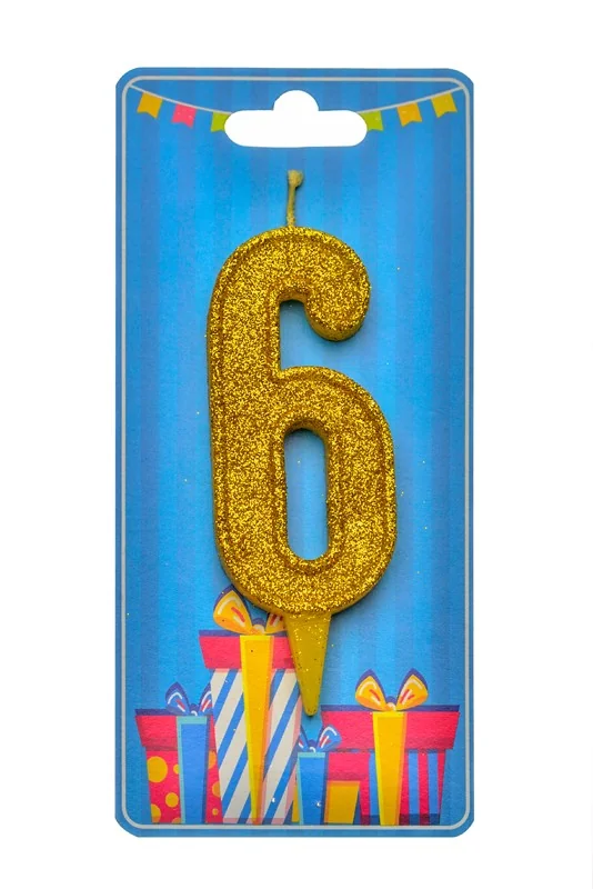 Свічка для торта Номер "6", 7,5 см (без ніжки), золото, Україна