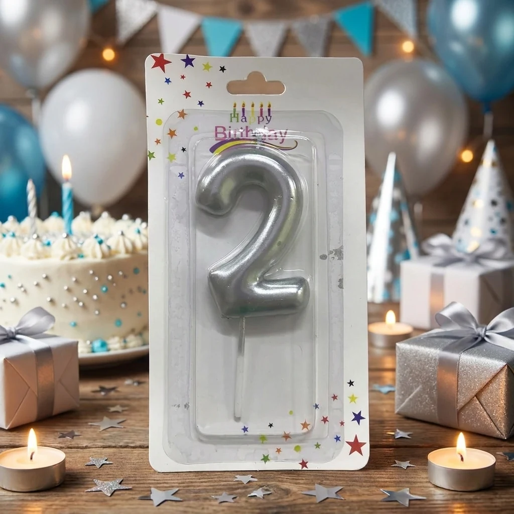 Свічка для торта Цифра "2", 6 см (без ніжки), срібло