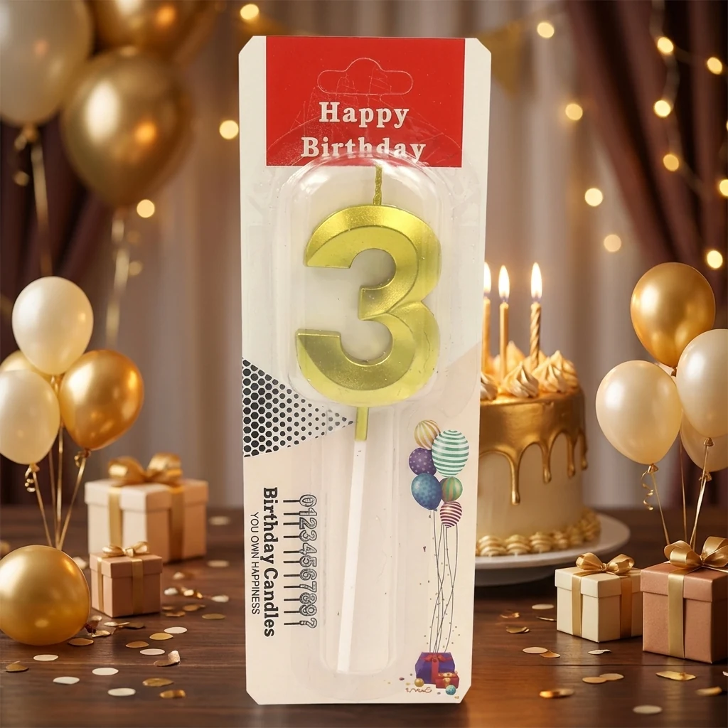 Свічка для торта Цифра "3" 3D, 5см (без ніжки), золото