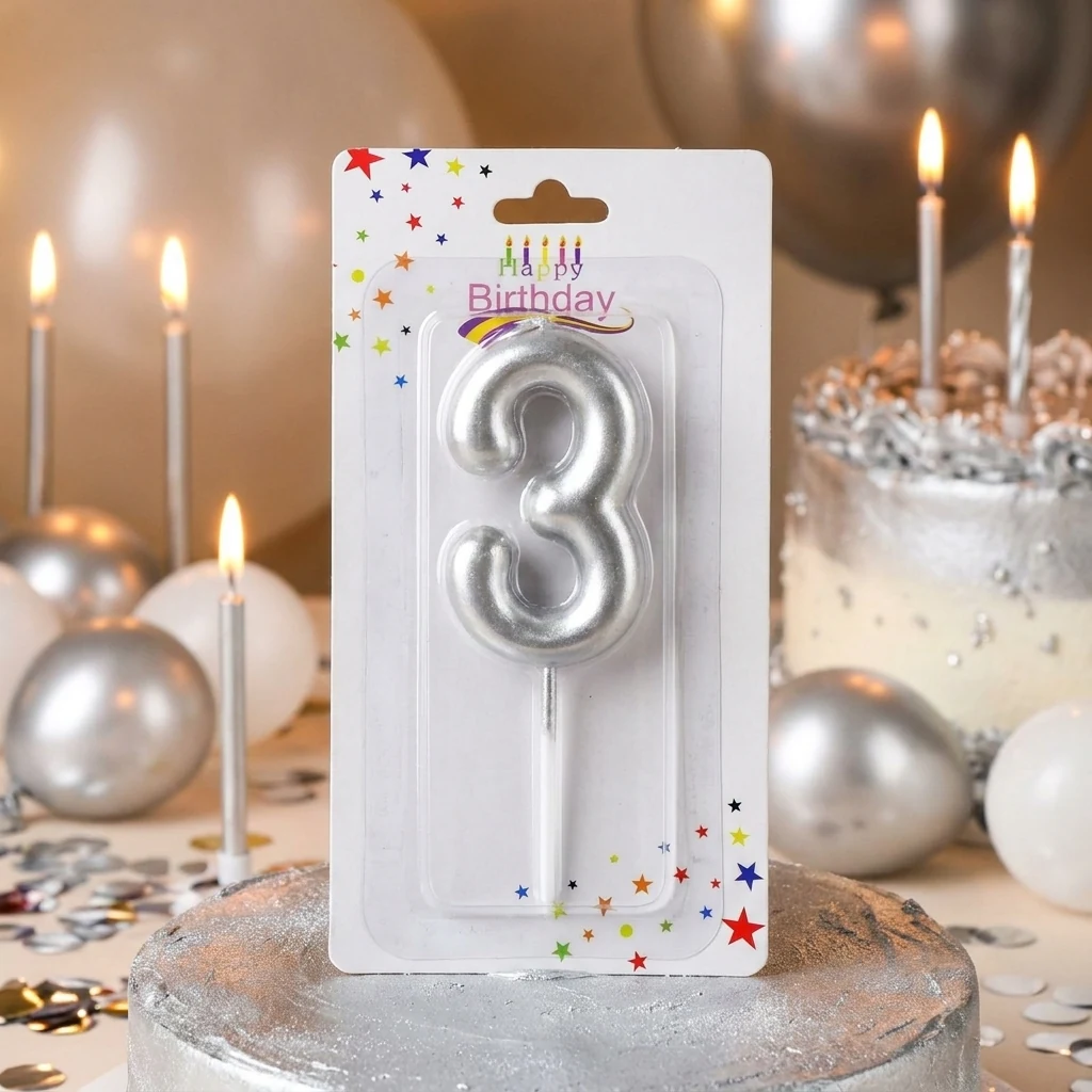 Свічка для торта Цифра "3", 6 см (без ніжки), срібло
