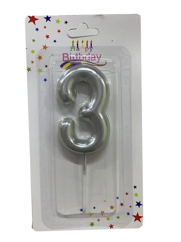 Свічка для торта Цифра "3", 6 см (без ніжки), срібло