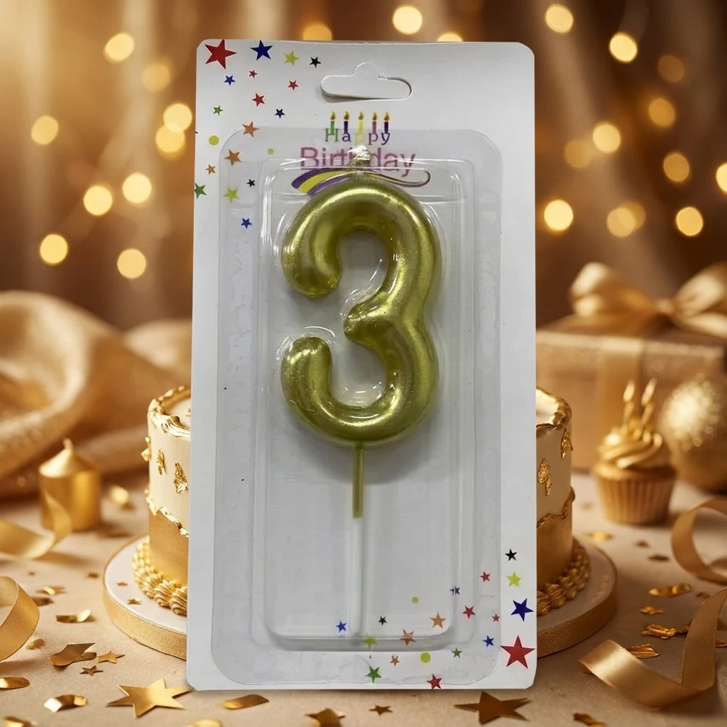 Свічка для торта Цифра "3", 6см (без ніжки), золото