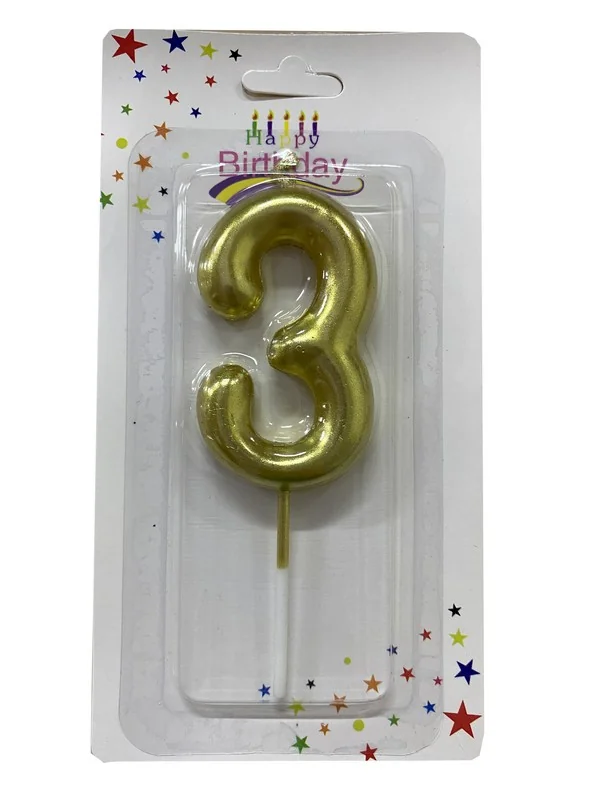 Свічка для торта Цифра "3", 6см (без ніжки), золото