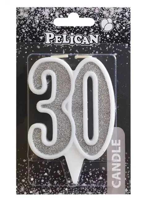 Свічка для торта цифра "30" СРІБЛО 7 см, TM Pelican