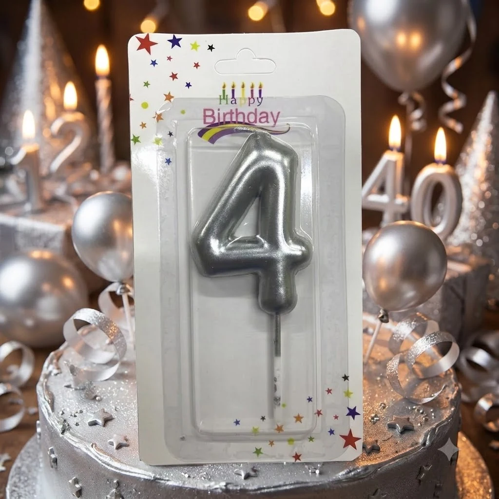 Свічка для торта Цифра "4", 6 см (без ніжки), срібло